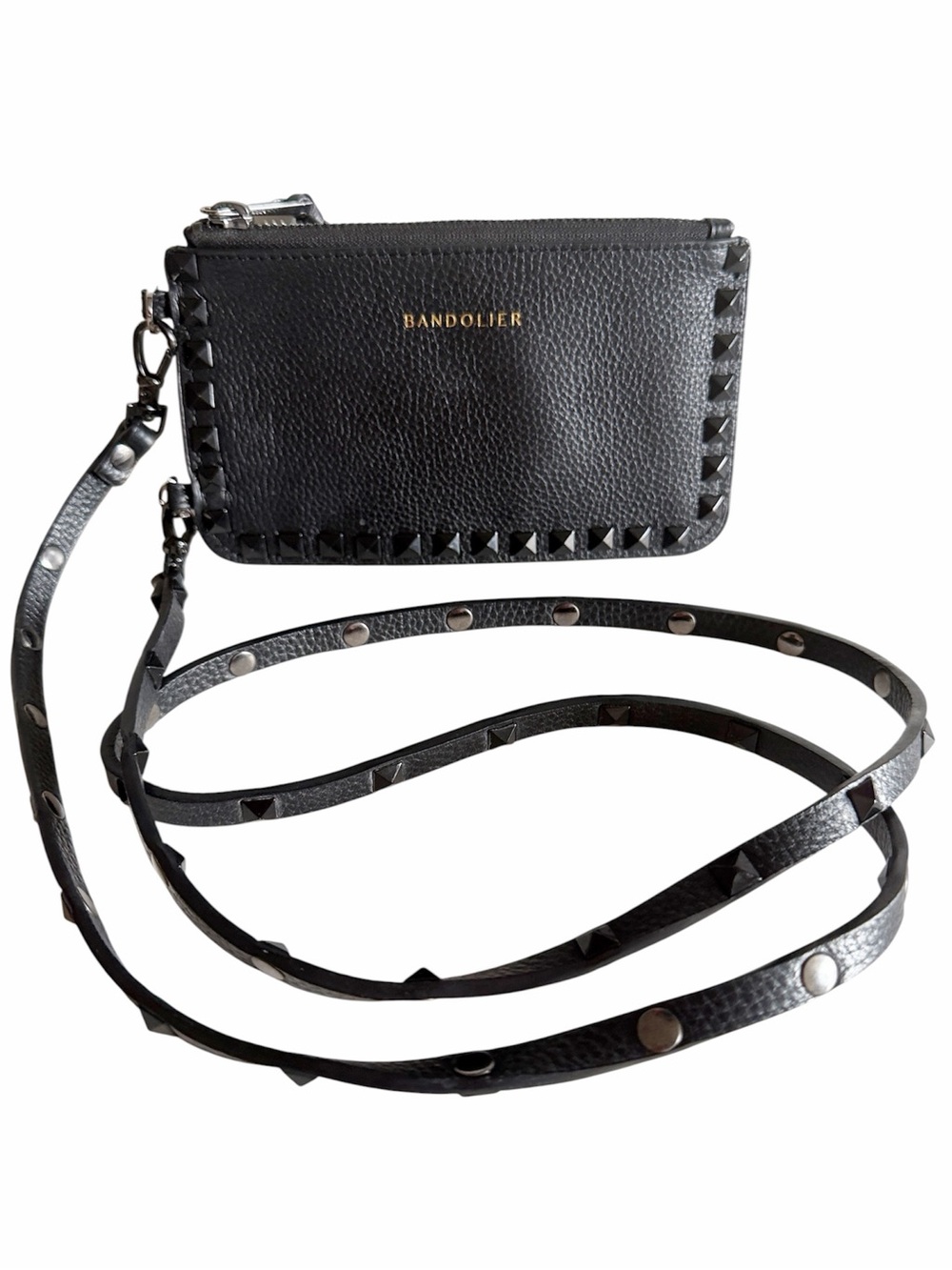 Bandolier Sarah Black Pebbled Leather Studded Crossbody  Zip Pouch Wallet